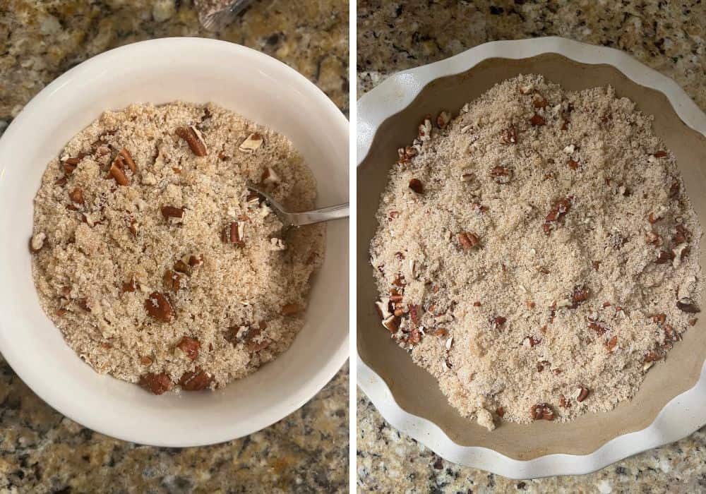 Two photos; one shows sugar, brown sugar, and pecans in a small mixing bowl; the other shows the mixture sprinkled over the pumpkin cobbler base in a pie pan.