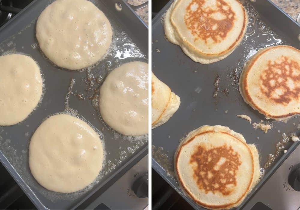 two photos; one shows Bisquick pancake batter cooking on a buttered griddle; the other shows the pancakes after flipping on the griddle pan.