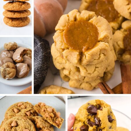 Collage image featuring five different photos of pumpkin cookie recipes.