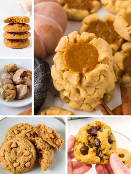 Collage image featuring five different photos of pumpkin cookie recipes.