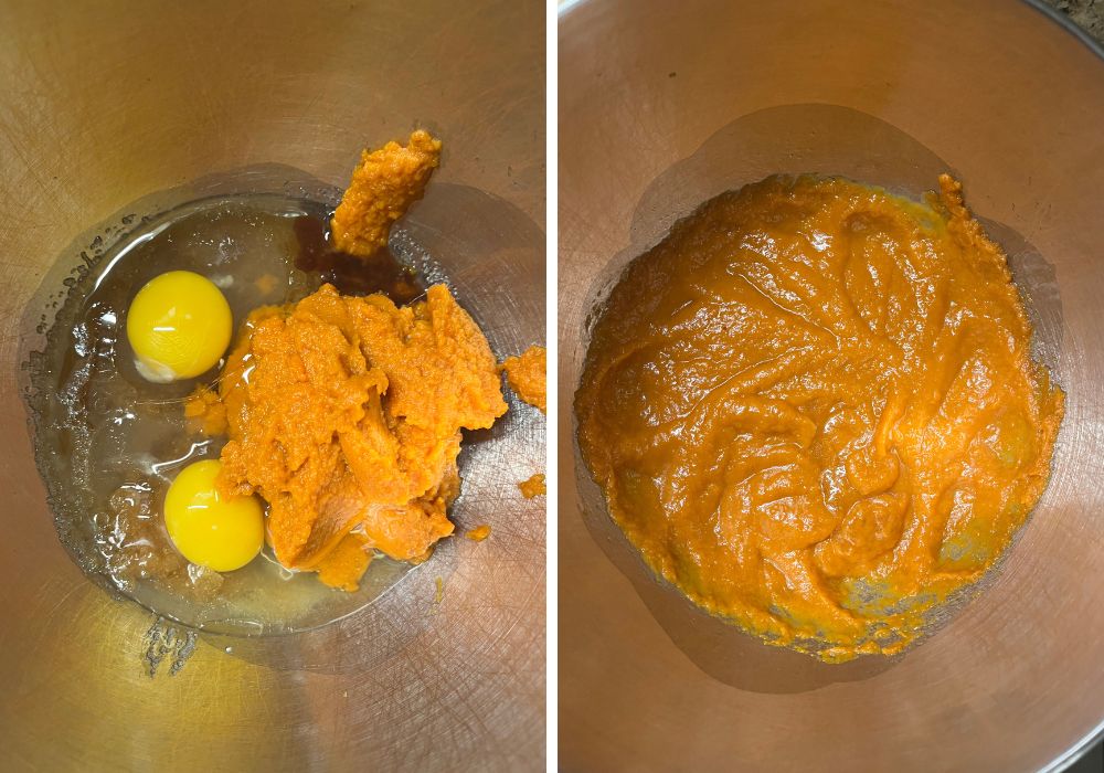 Two photos; one shows eggs, pumpkin puree, and vanilla extract added to sugar, brown sugar, and vegetable oil in a mixing bowl; the other shows the ingredients mixed together in the bowl.