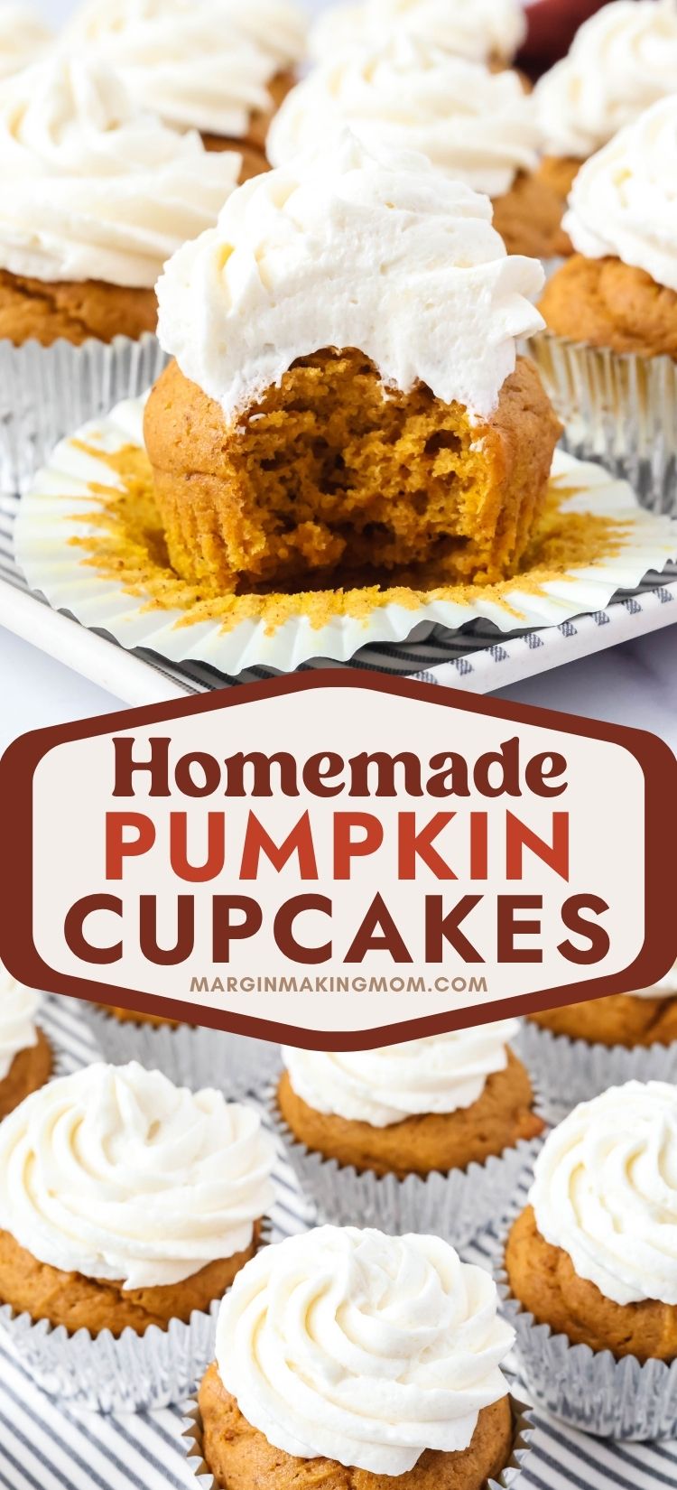 Two photos; one shows a homemade pumpkin cupcake with a bite taken out of it; the other shows several pumpkin cupcakes topped with ermine frosting on a serving platter.