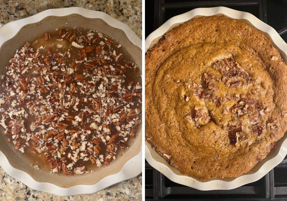 Two photos; one shows very hot water poured over the other ingredients for pumpkin lava cake; the other shows the cobbler after baking in the oven.