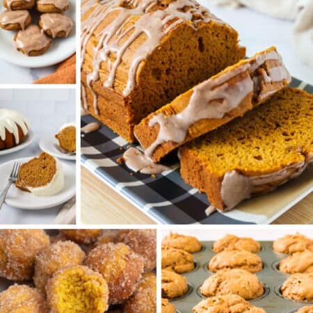 Collage image featuring five photos of pumpkin recipes from a mix, such as cookies, cake, donut holes, bread, and muffins.