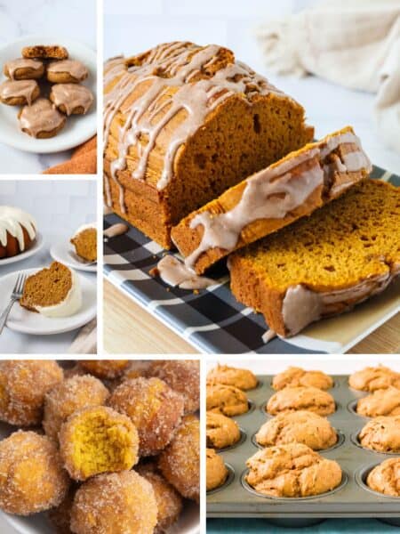 Collage image featuring five photos of pumpkin recipes from a mix, such as cookies, cake, donut holes, bread, and muffins.