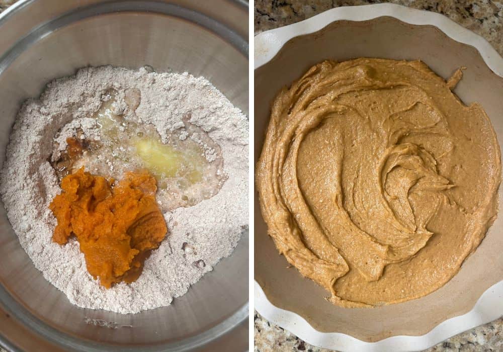 two photos; one shows ingredients for the base of pumpkin cobbler in a mixing bowl; the other shows the batter spread in the bottom of a deep dish pie pan.