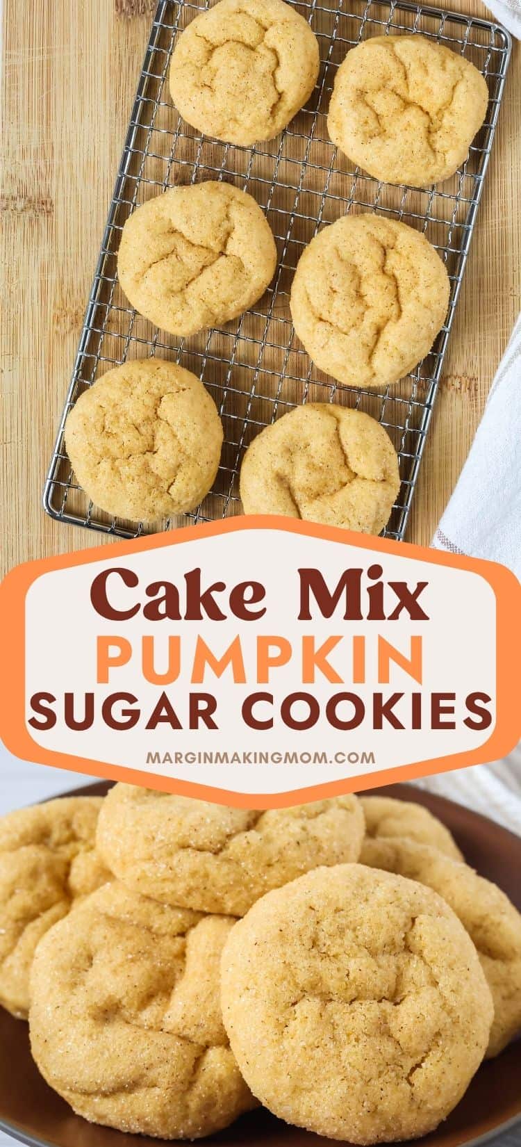 Two photos; one shows pumpkin sugar cookies on a wire rack; the other shows the pumpkin sugar cookies on a brown plate.