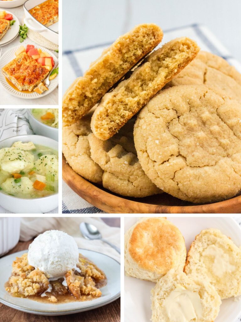 Collage image featuring several recipes to make with pancake mix, including casserole, cookies, dumplings, cobbler, and biscuits.