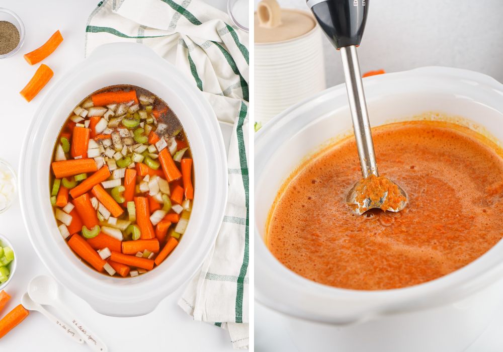 Two photos; one shows all ingredients in a slow cooker; the other shows an immersion blender blending up the cooked ingredients to make a creamy carrot soup.