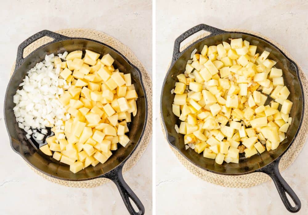 Two photos; one shows diced potatoes and onions in an iron skillet with bacon grease; the other shows the mixture after cooking for a few minutes to soften the onions.