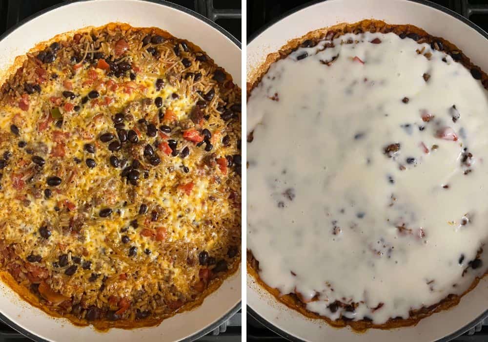 two photos; one shows taco casserole made with Knorr rice in a large skillet; the other shows melted queso dip poured over the top of the casserole.