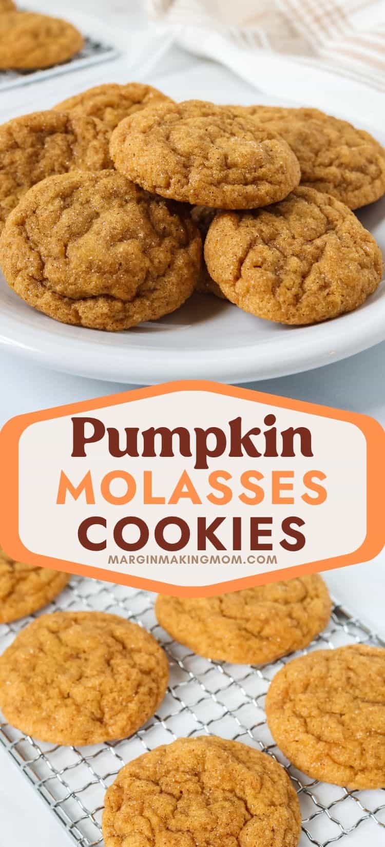Two photos; one shows homemade molasses pumpkin cookies on a white plate, the other shows the cookies on a wire rack to cool.