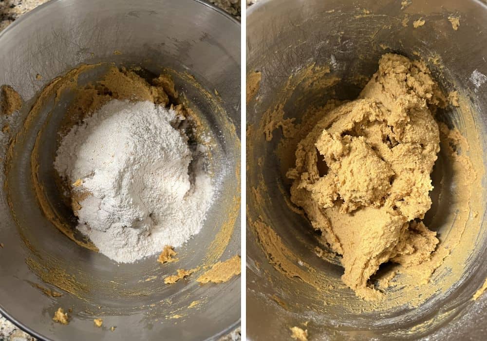 Two photos; one shows dry ingredients being added to wet ingredients in a mixing bowl; the other shows the cookie dough for pumpkin and molasses cookies after being mixed.