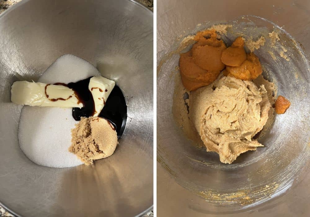 Two photos; one shows sugar, brown sugar, butter, and molasses in a mixing bowl; the other shows those ingredients mixed together with pumpkin puree added to the bowl.