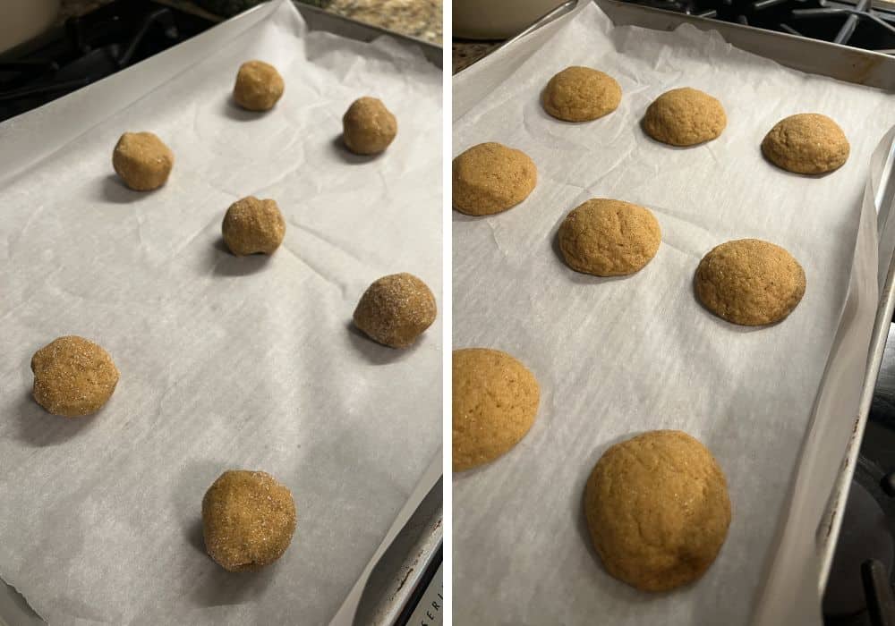 Two photos; one shows rounds of pumpkin molasses cookie dough on a parchment-lined baking sheet; the other shows the cookies on the baking sheet after being baked.