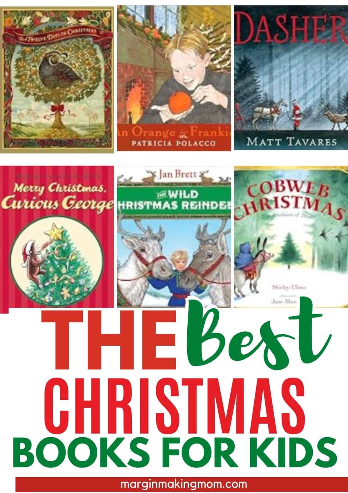 Collage image featuring several of the best Christmas books for kids.