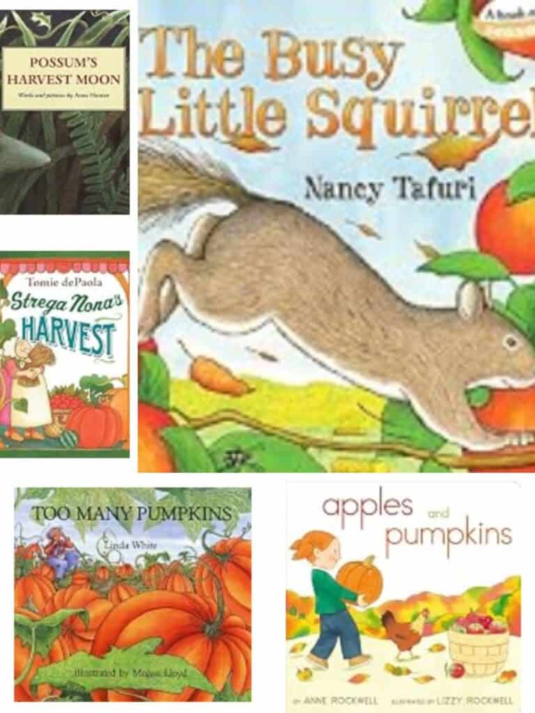 collage image featuring several fall books for kids.