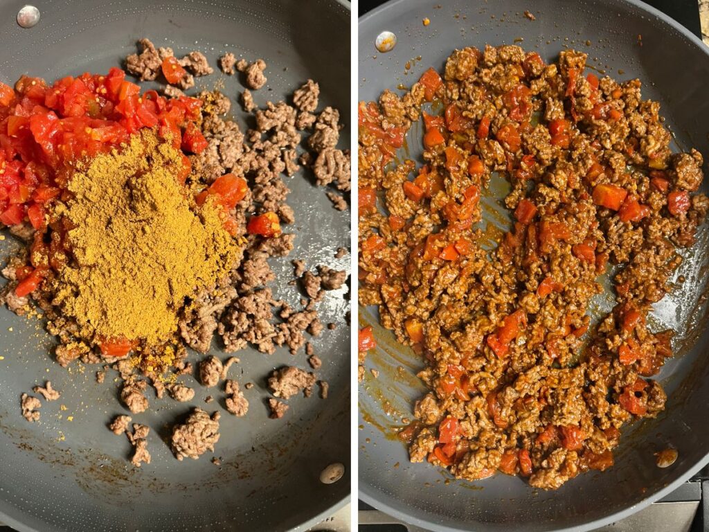 Two photos; one shows ground beef, Rotel, and taco seasoning in a skillet; the other shows the ingredients mixed together.