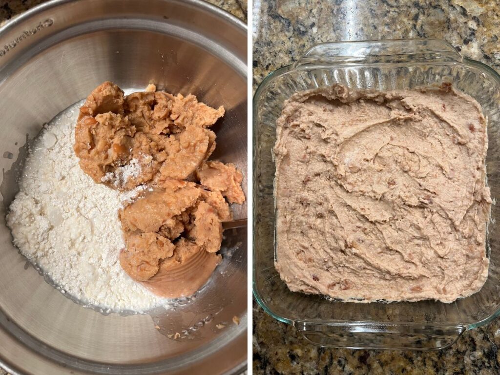 Two photos; one shows Bisquick, refried beans, and milk in a mixing bowl; the other shows the ingredients mixed together and spread into an 8x8" baking dish.