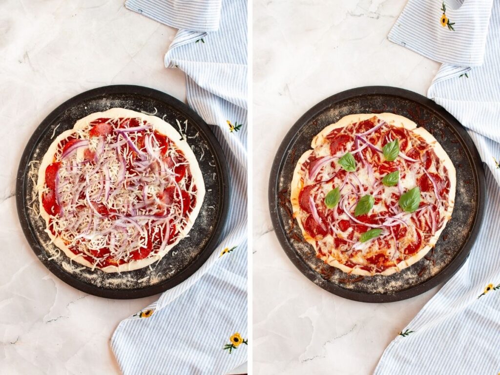Two photos; one shows Bisquick pizza crust with toppings added, prior to baking. The other shows the freshly-baked pizza.