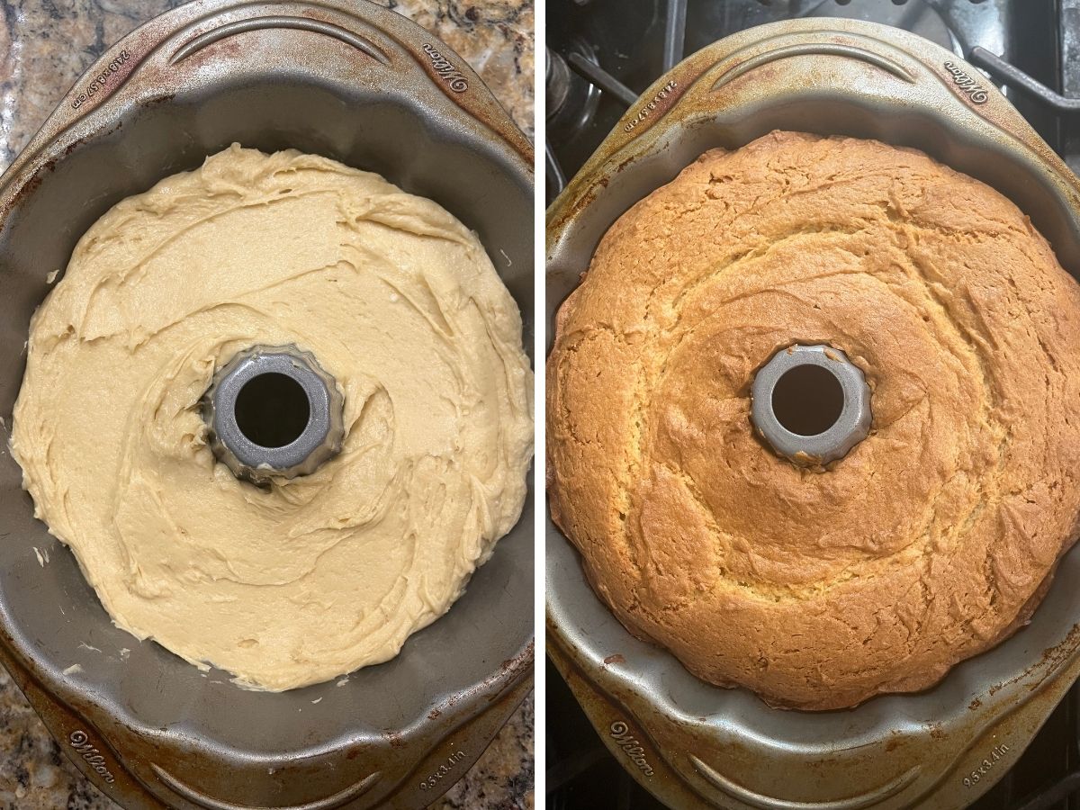 Two photos; one shows the brown sugar bundt cake batter in a bundt pan; the other shows the freshly baked cake in the pan.
