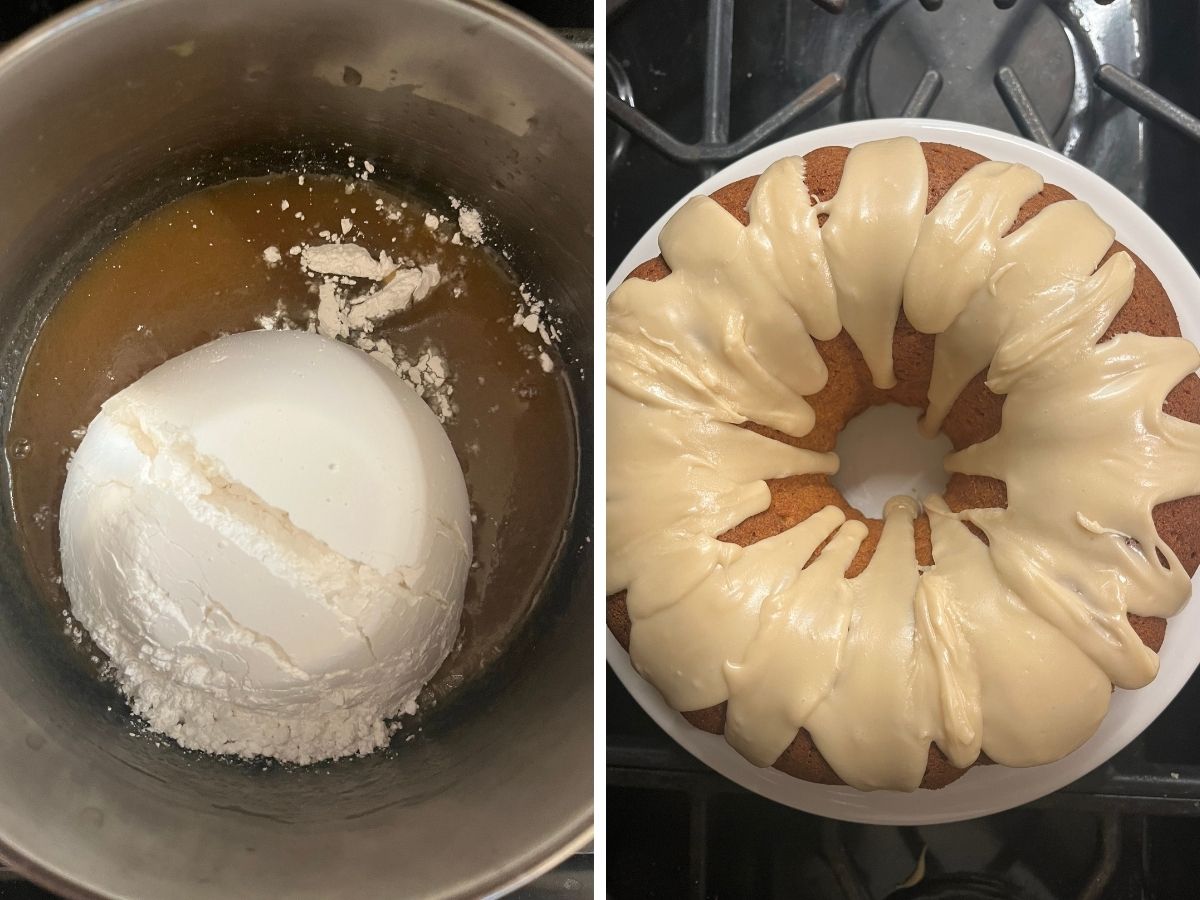 Two photos; one shows powdered sugar added to the brown sugar mixture; the other shows the cake topped with brown sugar glaze.