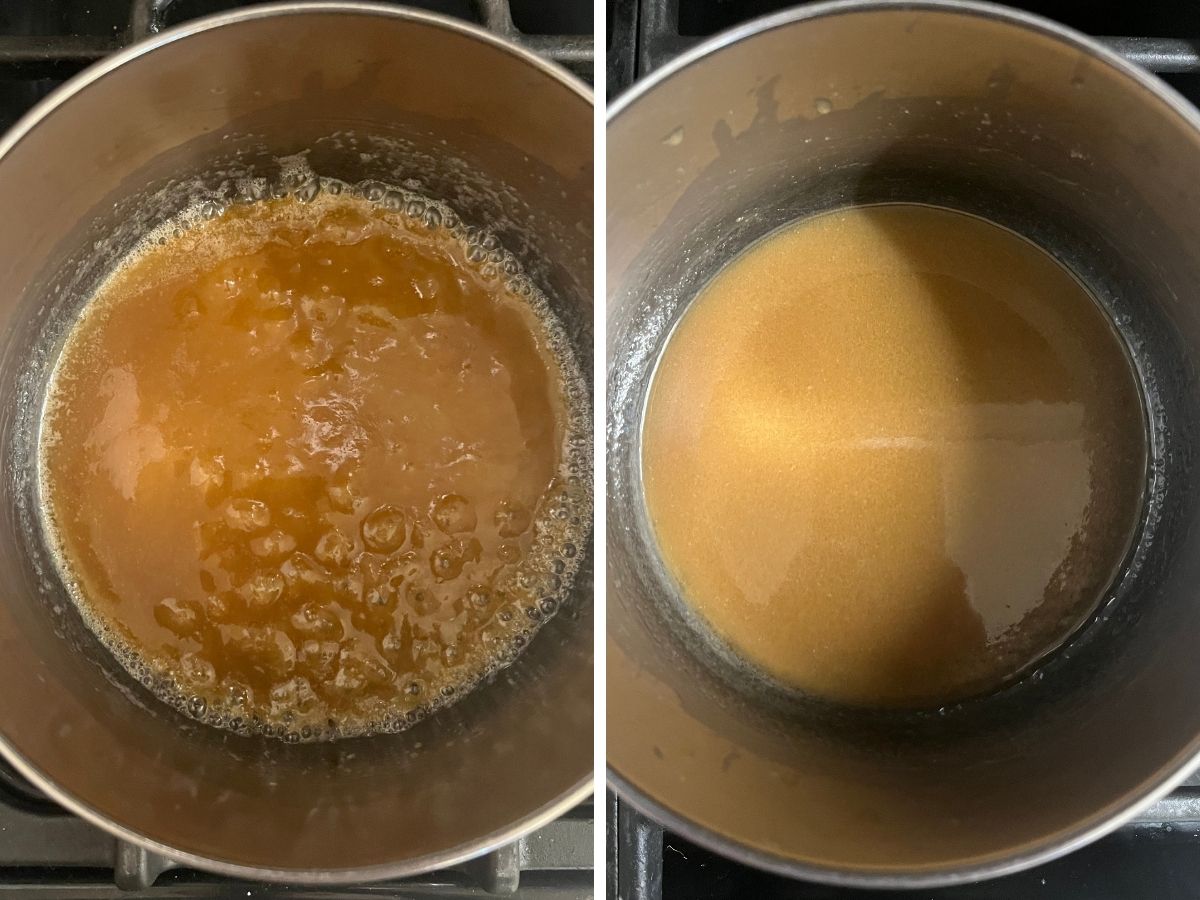 Two photos; one shows butter and brown sugar simmering in a pan; the other shows the mixture after milk was stirred in.