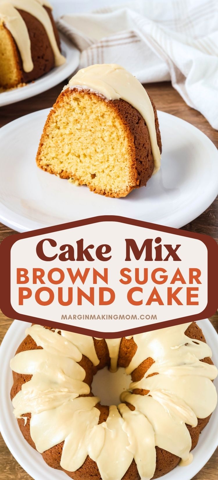 Two photos; one shows a slice of brown sugar pound cake with brown sugar glaze, served on a white plate. The other is an overhead view of the whole brown sugar pound cake from a mix, topped with brown sugar icing and served on a white platter.
