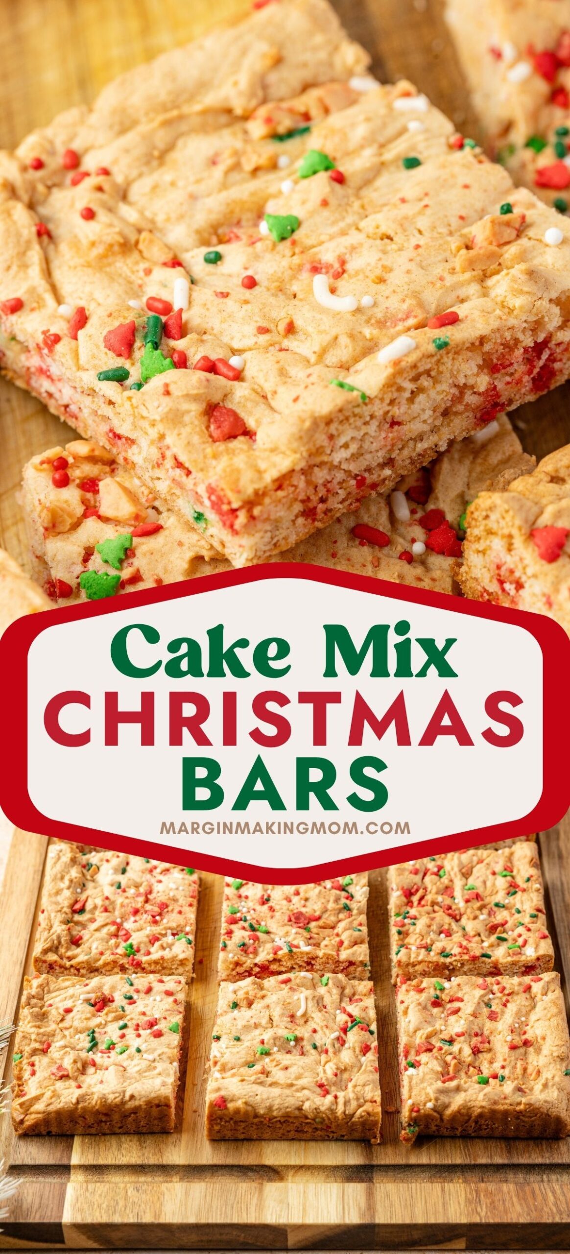 Two photos; one shows a close-up view of a Christmas cookie bar made with cake mix and sprinkles; the other shows several cookie bars on a wooden cutting board.