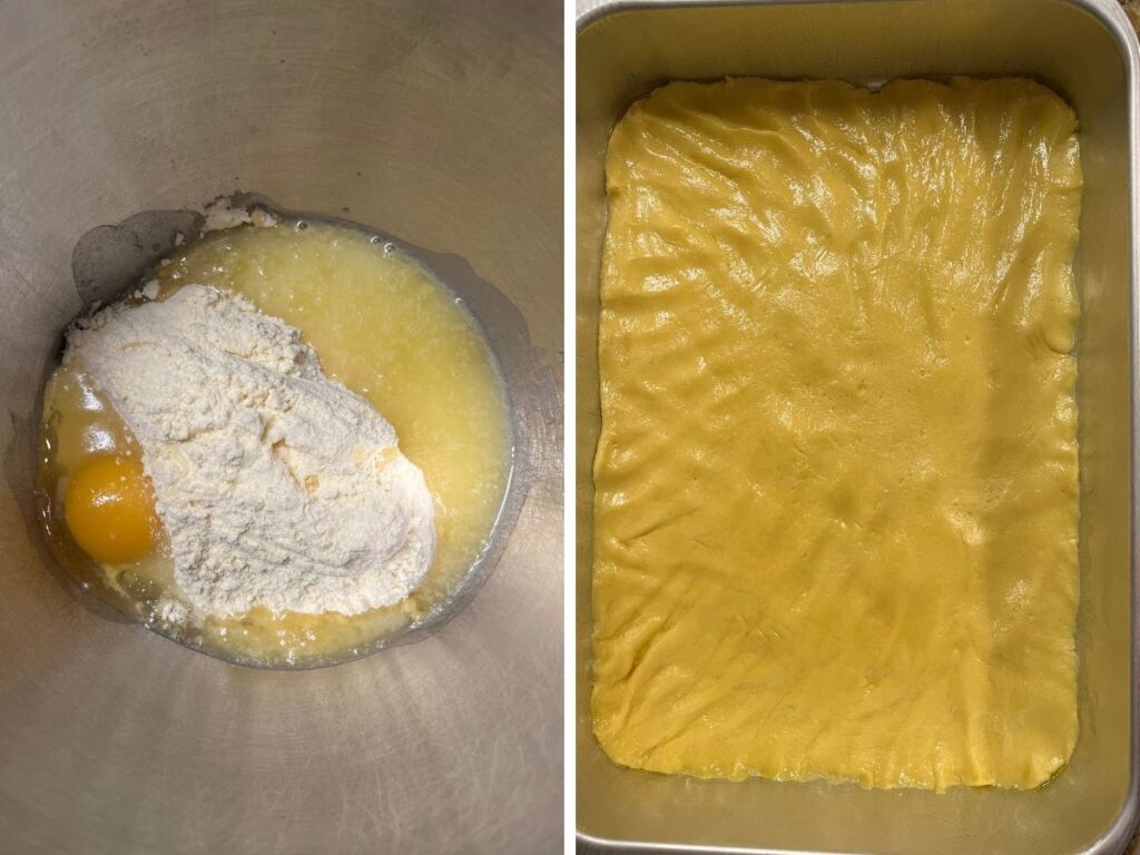 Two photos; one shows cake mix, melted butter, and an egg in a mixing bowl; the other shows that mixture pressed into the bottom of a 13x9-inch pan.