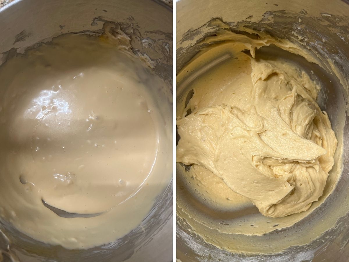 Two photos; one shows the wet ingredients combined in a mixing bowl; the other shows the batter in the mixing bowl after the dry ingredients were added.