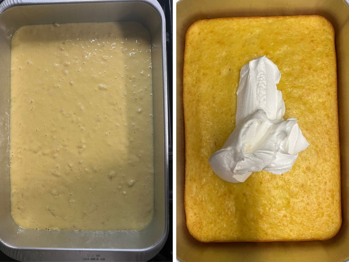 two photos; one shows cake batter in a 9x13-inch pan; the other shows the cake after baking and cooling, with Cool Whip being spread on top.