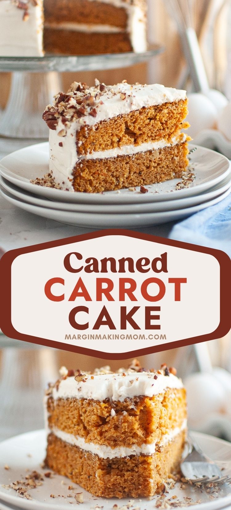 two photos; one shows a side view of a slice of canned carrot cake on a white plate, with the remaining cake on a cake stand in the background. The other photo shows a slice of carrot cake with a bite taken out of it.