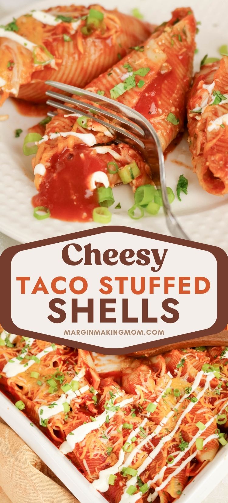 Two photos; one shows three taco stuffed shells on a white plate, with a fork cutting a bite out of one. The other photo shows a baking dish of cheesy taco stuffed shells with a wooden serving spoon.