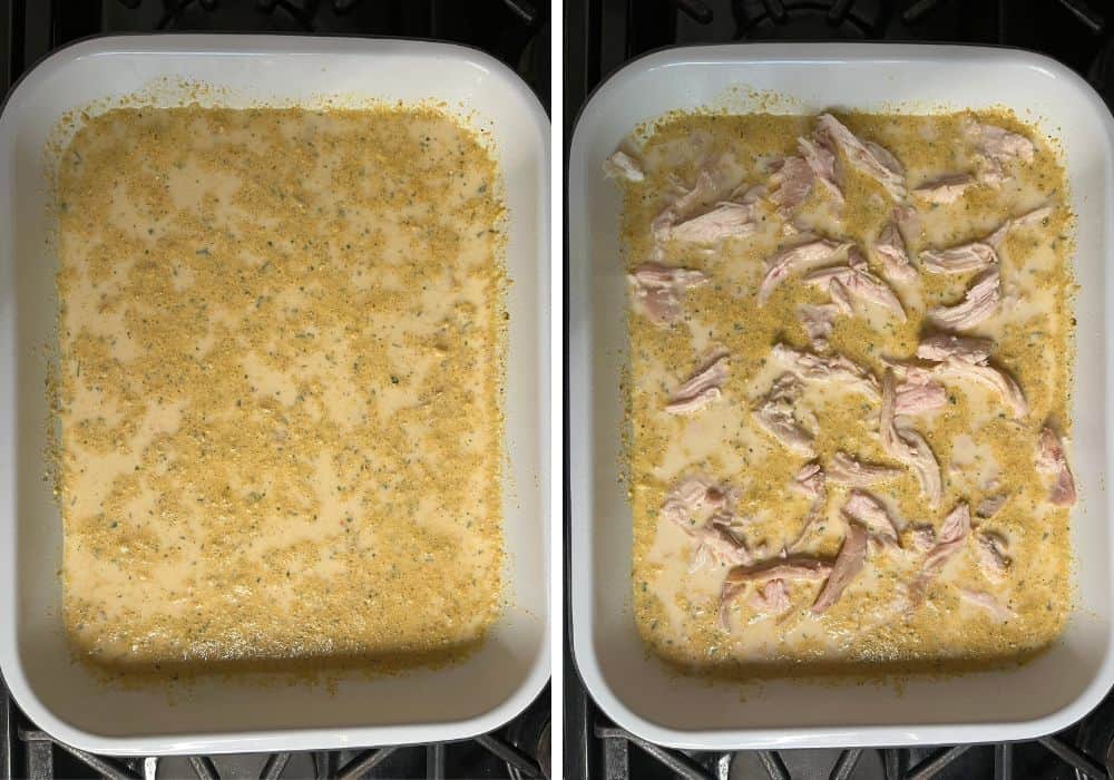 Two photos; one shows Knorr pasta sides mixed with water and evaporated milk in a baking dish; the other shows cooked chicken pieces added to the dish.