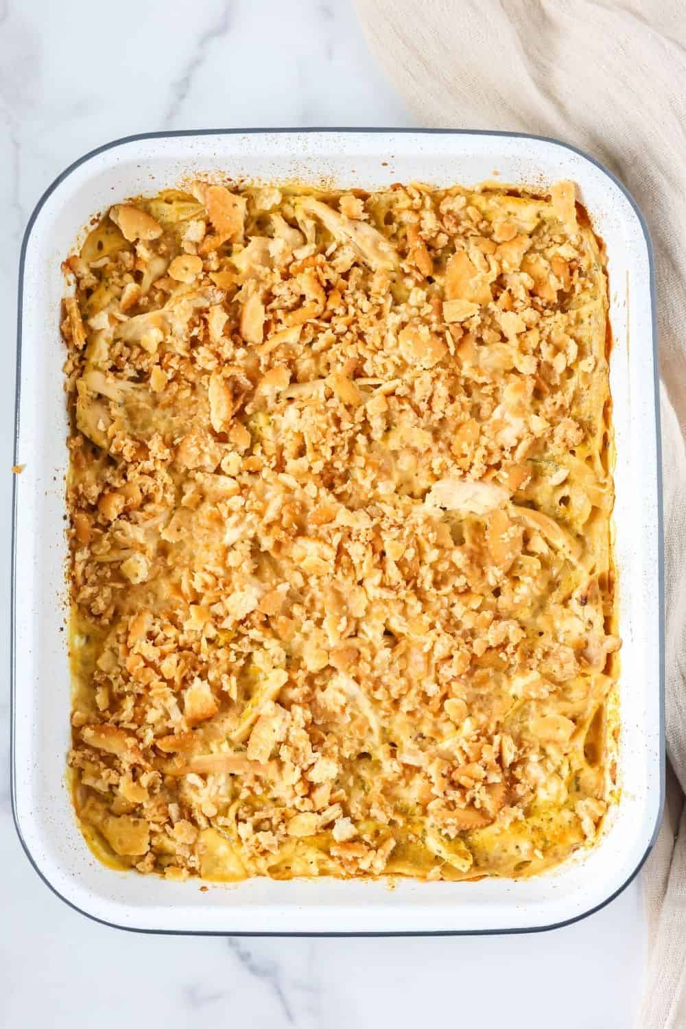 Overhead view of a baking dish of chicken and Knorr noodles casserole.