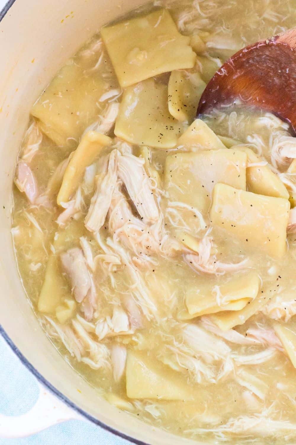 a pot of low fat chicken and dumplings with a wooden serving spoon in the pot.