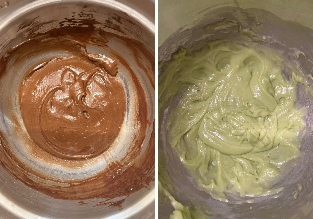 Two photos; one shows the chocolate batter in a mixing bowl; the other shows the pistachio batter in a mixing bowl.