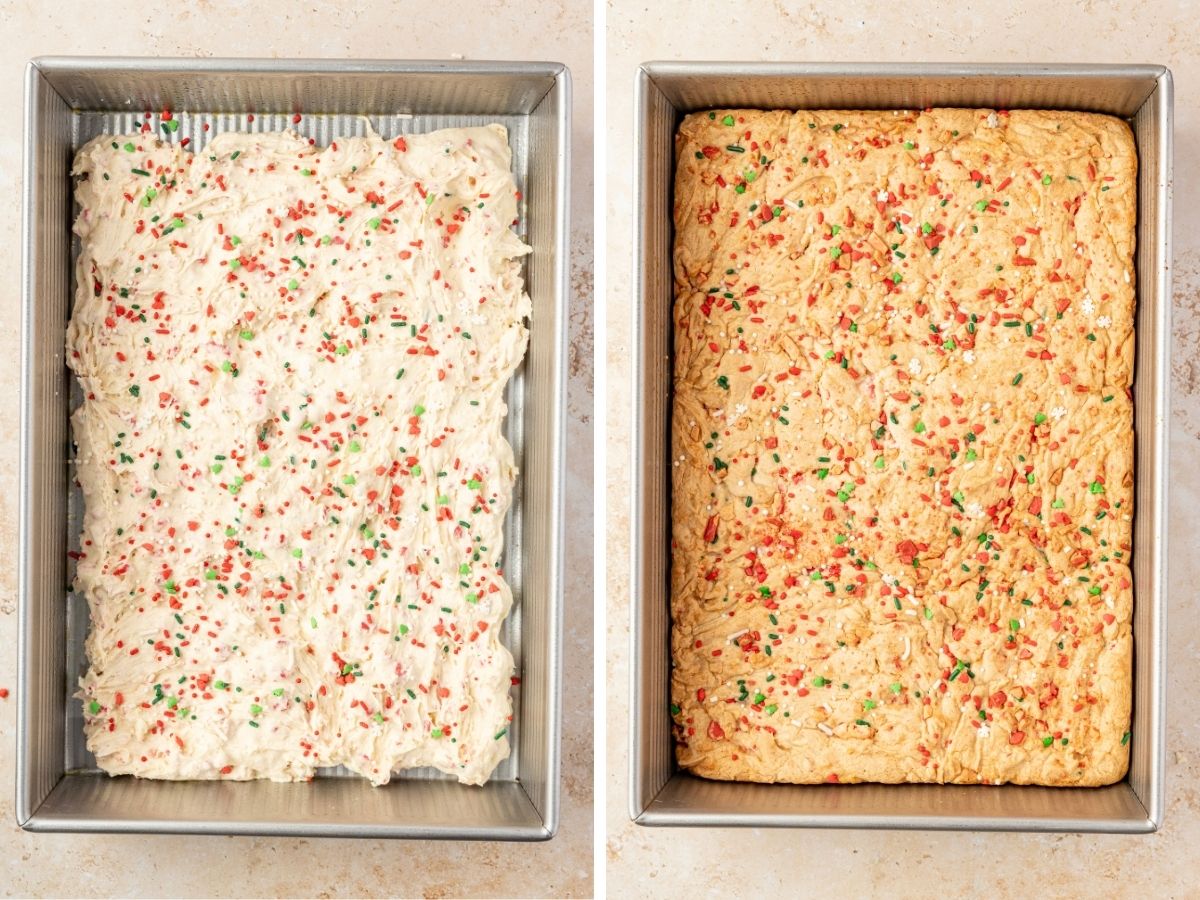 Two photos; one shows batter spread in a 9x13-inch pan; the other shows the batter after being baked.