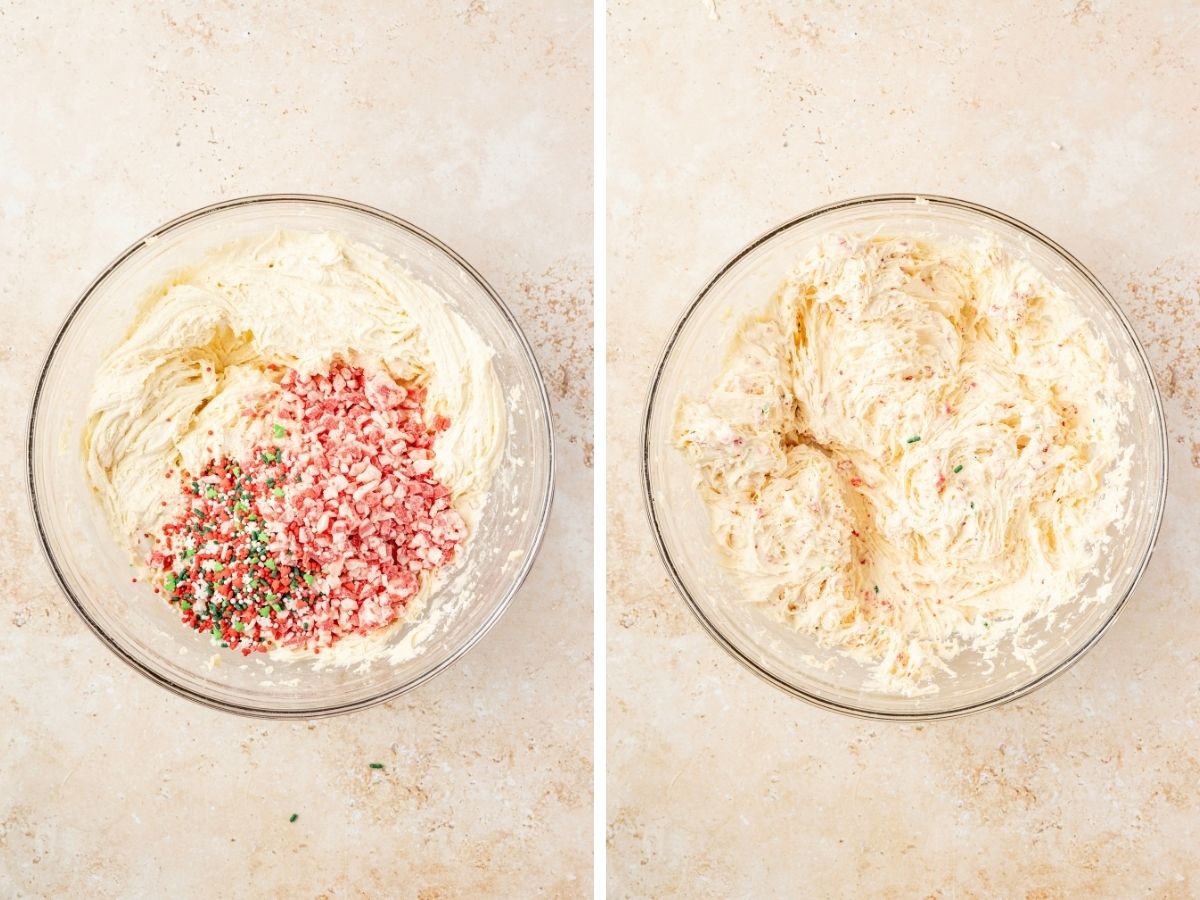 Two photos; one shows sprinkles and peppermint baking chips added to the batter in a mixing bowl; the other shows the ingredients mixed together.