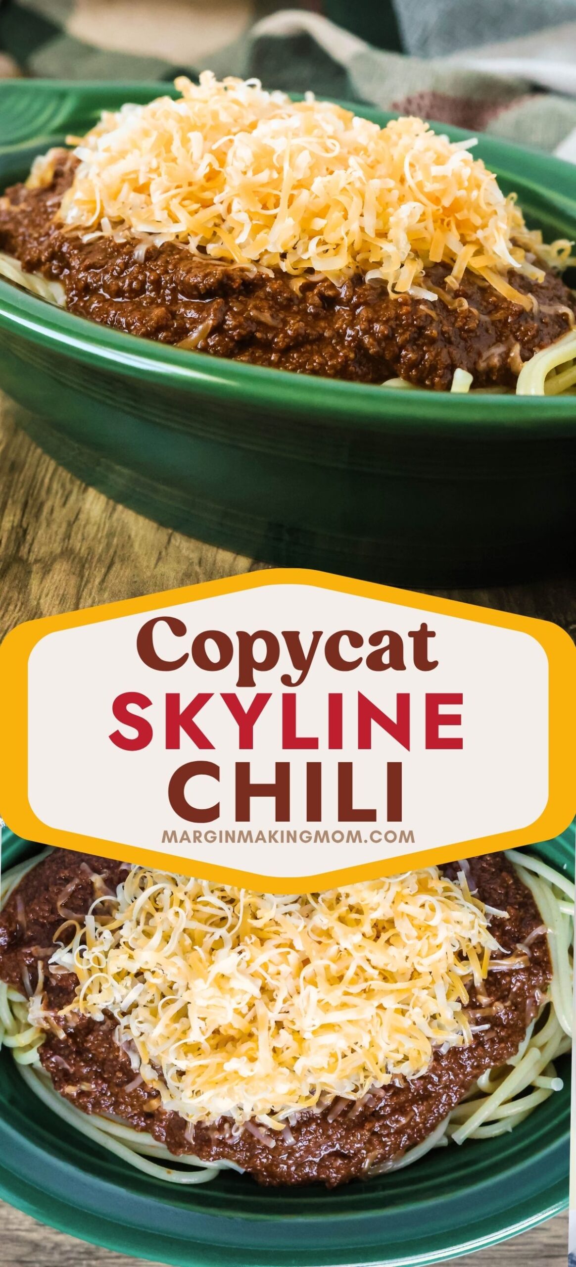 Two photos; one shows a green bowl with Cincinnati Skyline chili; the other shows an overhead view of the chili served over spaghetti and topped with finely shredded cheese.