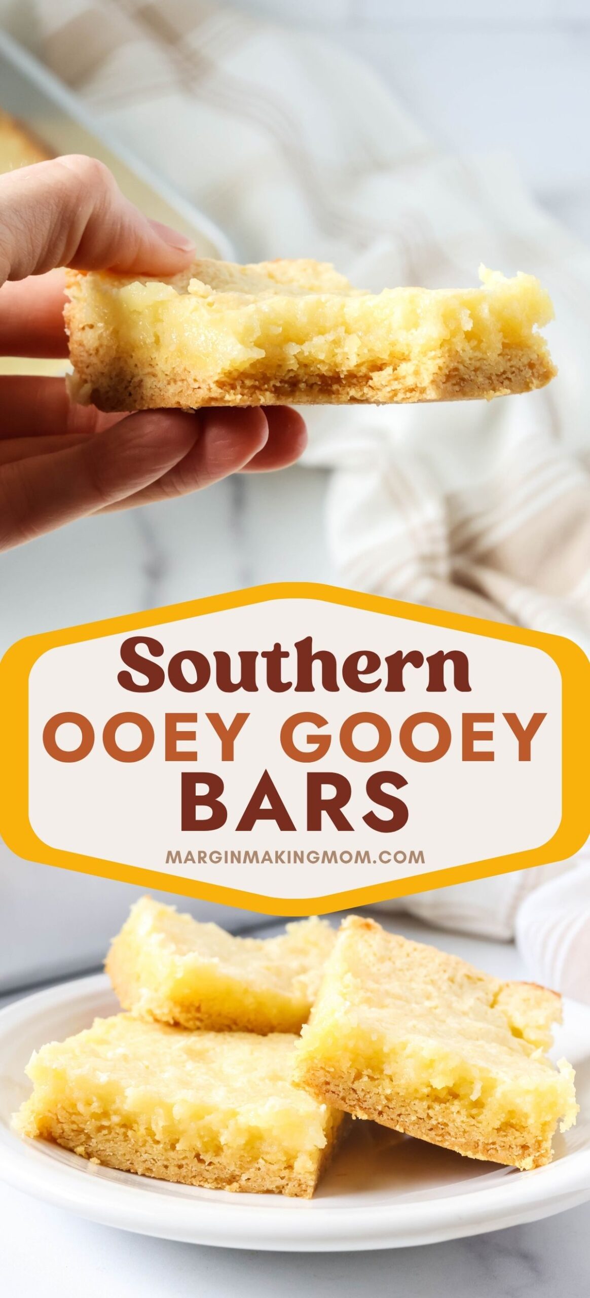 Two photos; one shows a woman's hand holding an ooey gooey butter cake square, similar to what Paula Deen makes. The other photo showcases three bars on a white plate.