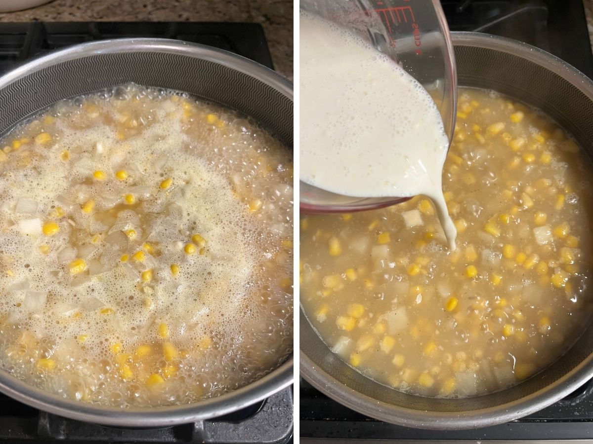 Two photos; one shows soup ingredients simmering; the other shows the milk and flour slurry being added to the pot.