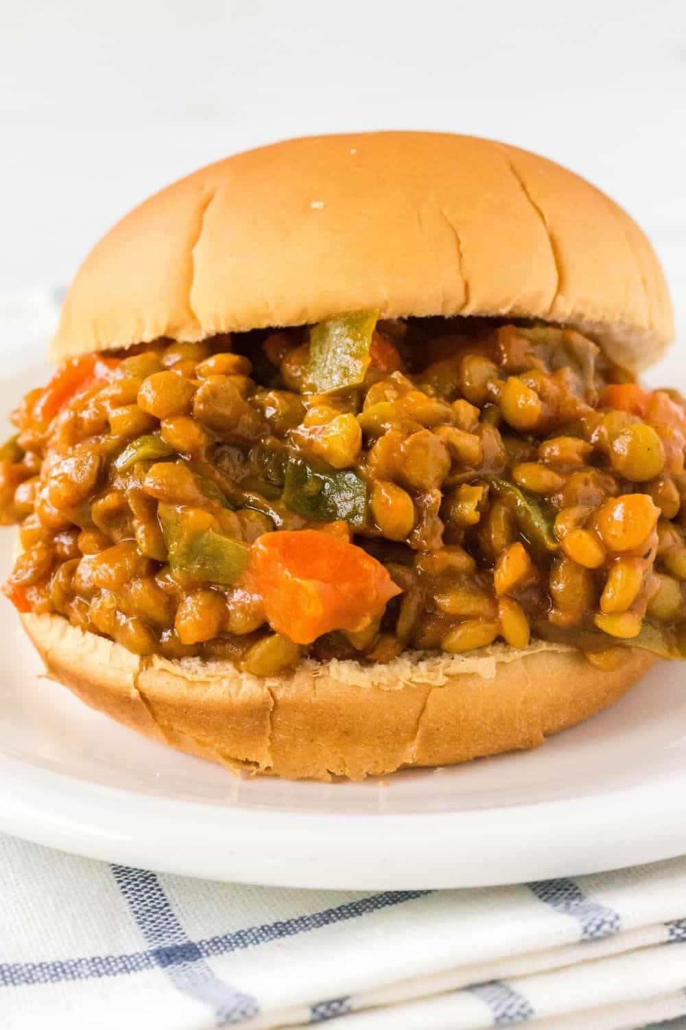 low-fat lentil sloppy joe sandwich served on a white plate.