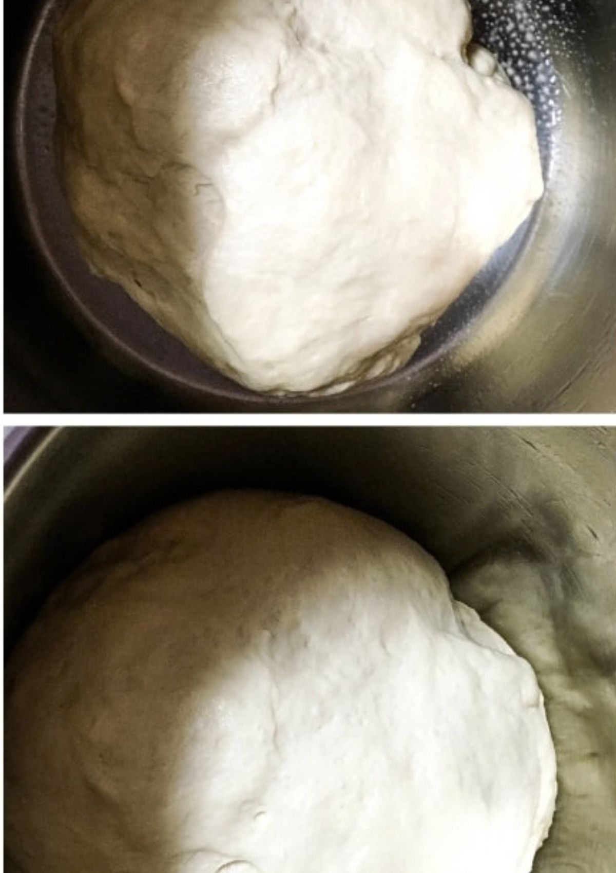 Two photos; one shows dough prior to doubling; the other shows the dough after it's doubled in size.