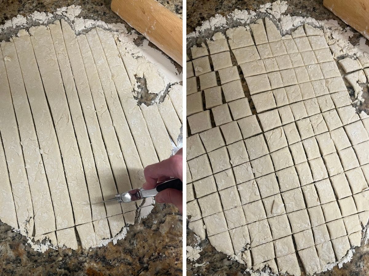 Two photos; one shows a pizza cutter cutting dumplings from dough; the other shows the square dumplings on a floured surface.