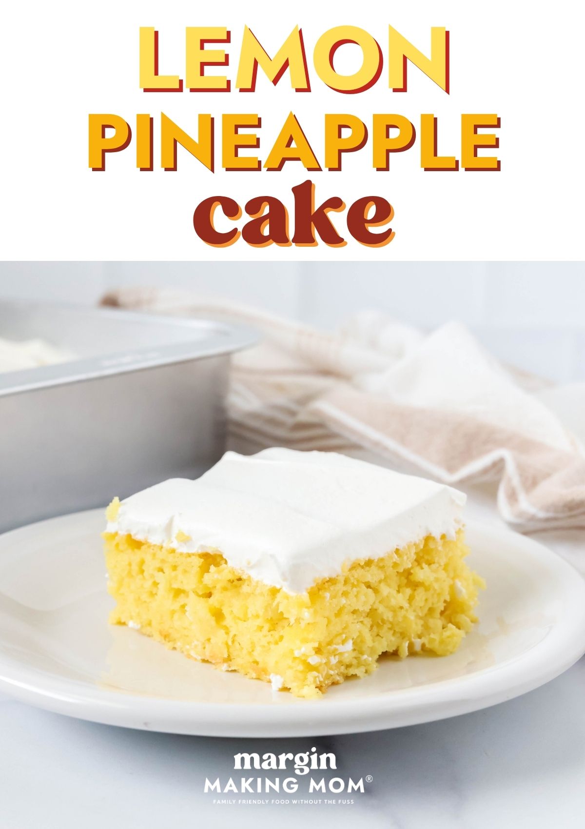 Slice of lemon pineapple cake with Cool Whip frosting, served on a white plate.