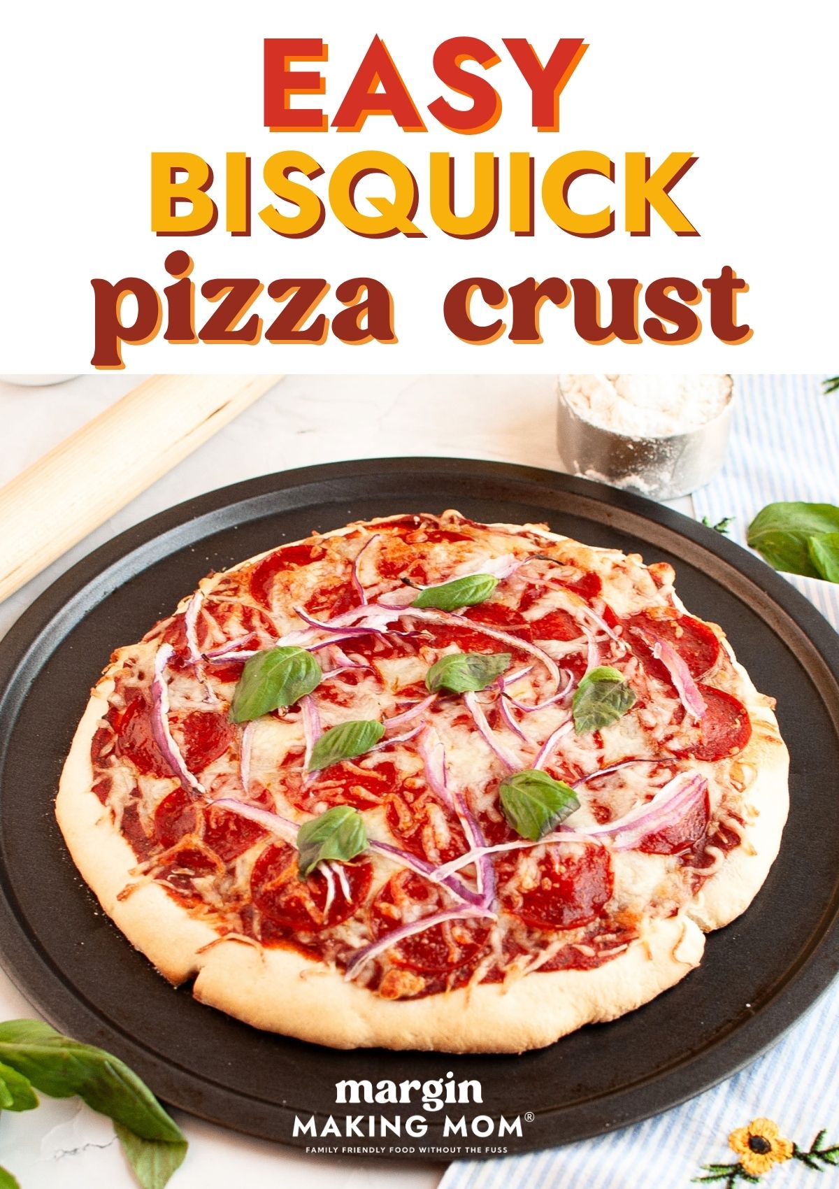 Pizza made with Bisquick crust, served on a pizza pan.