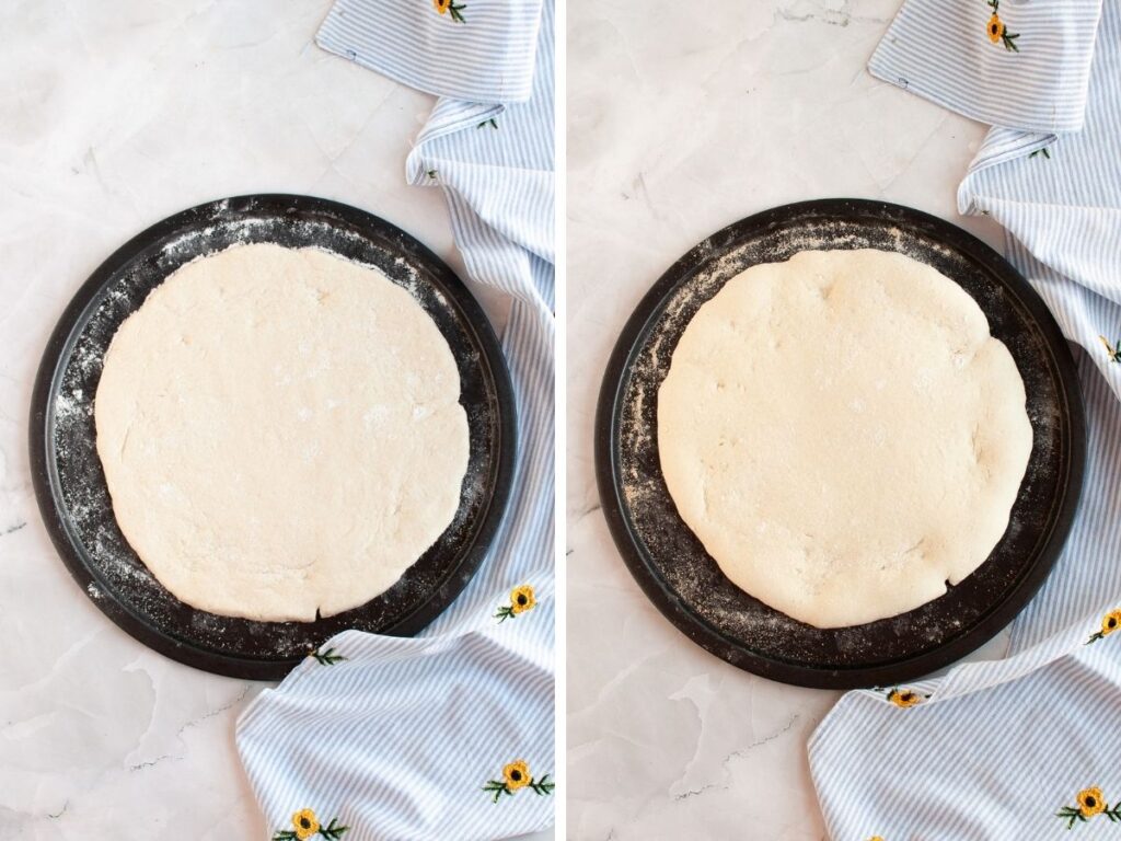 Two photos; one shows Bisquick pizza dough rolled out into a circle; the other shows the dough after parbaking for 5 minutes.