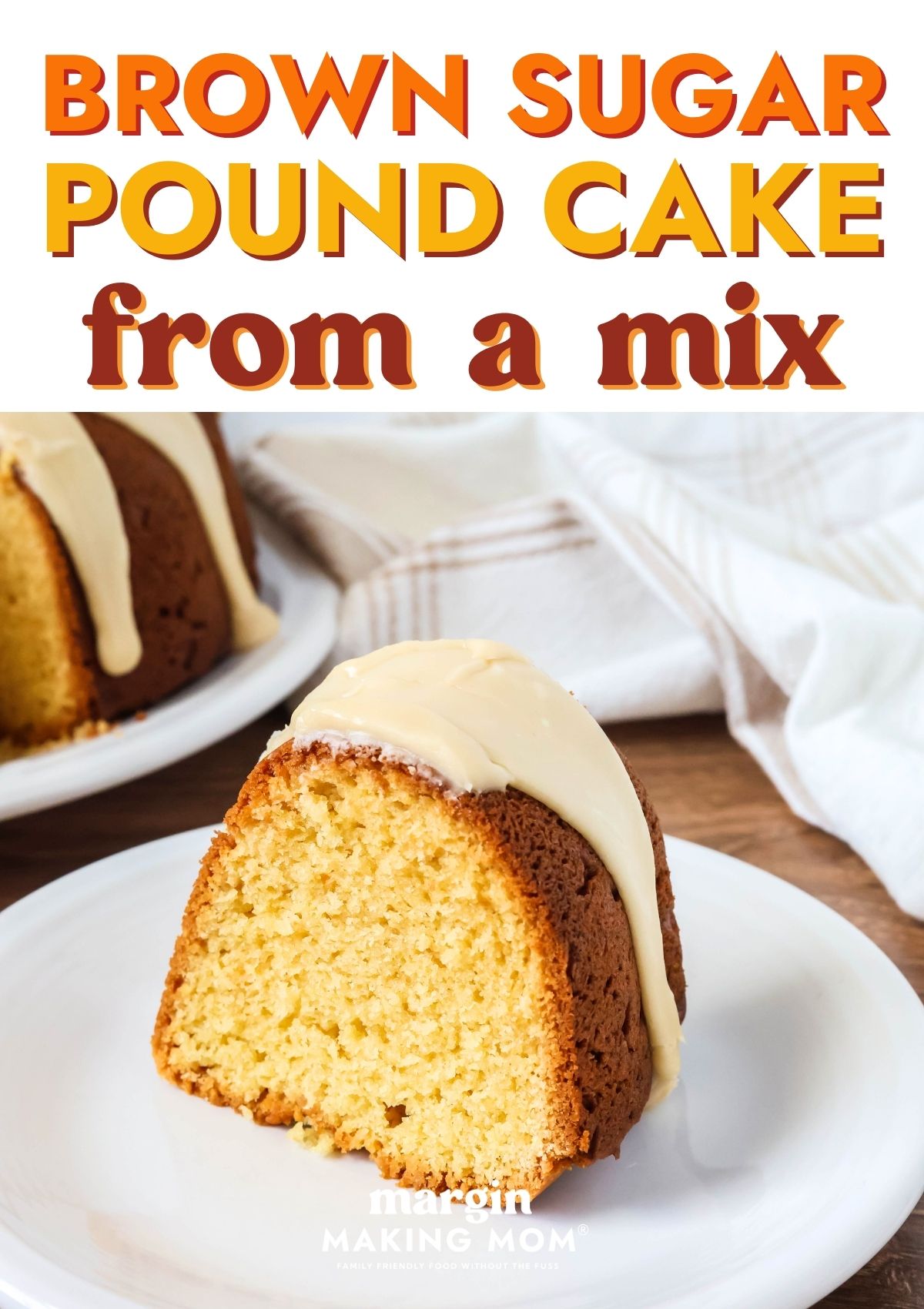 Slice of brown sugar pound cake, topped with brown sugar icing, sits upright on a white dessert plate.